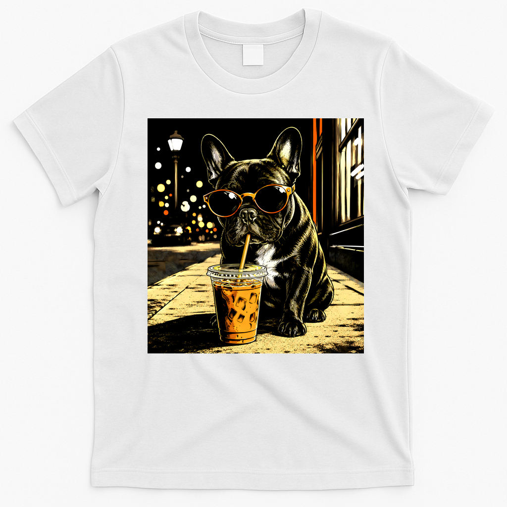 Cool French Bulldog Iced Coffee And Sunglasses T-Shirt - White