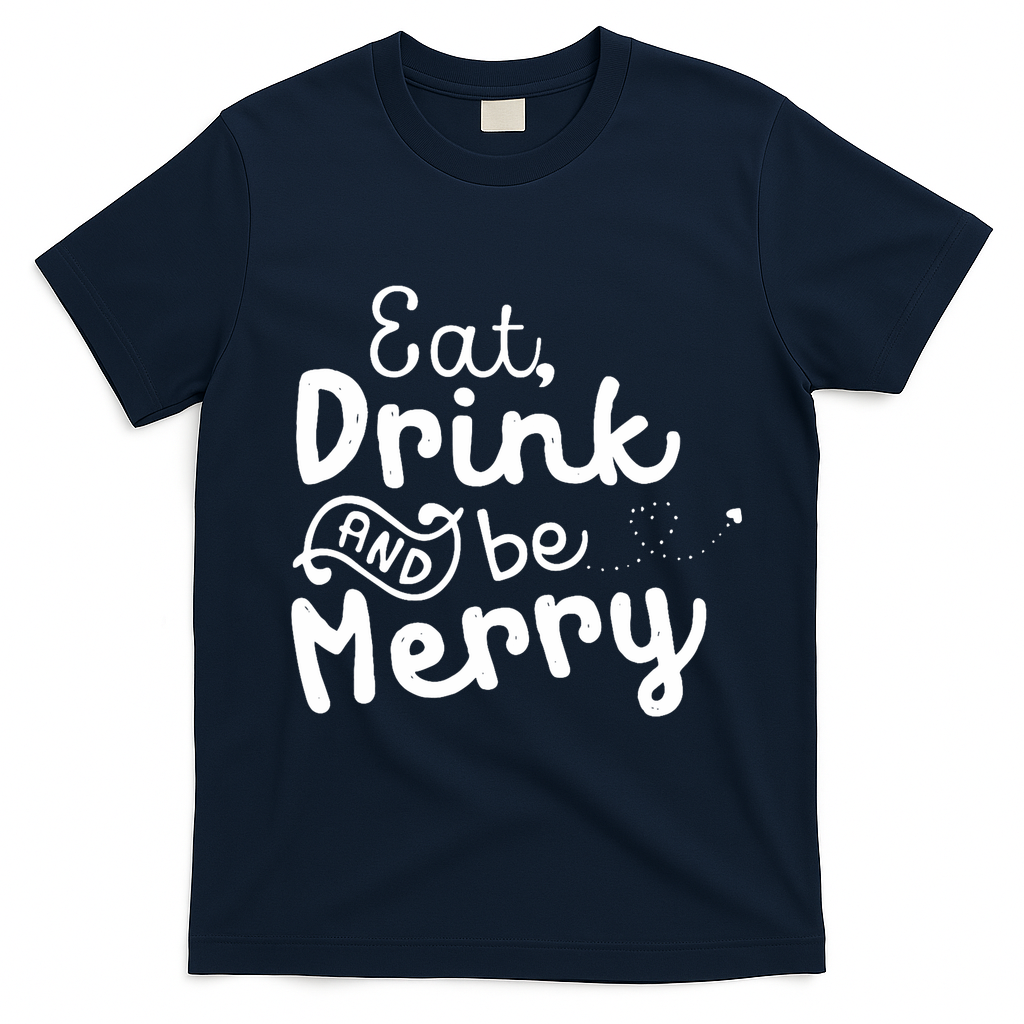 Cute & Funny Christmas Eat Drink & Be Merry T-Shirt - Navy Blue