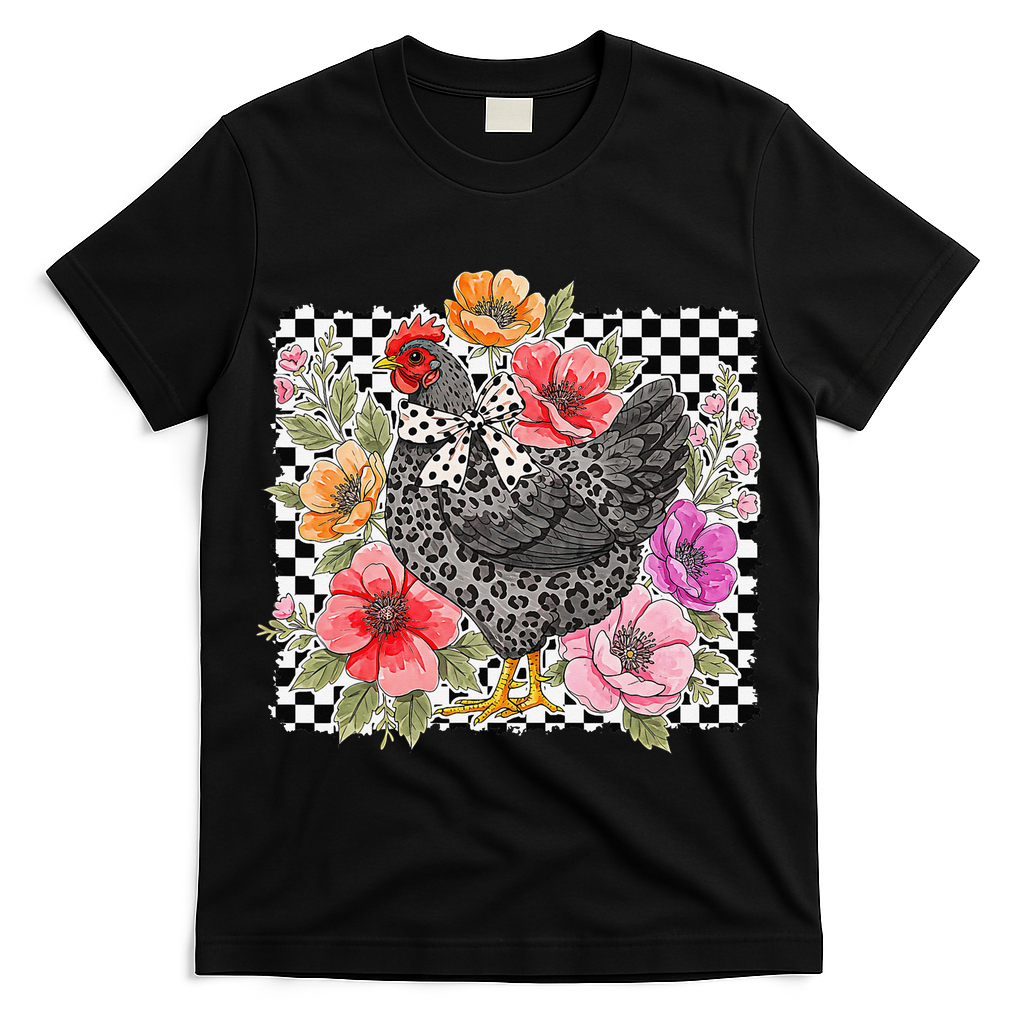 Checkered Flower Chicken Hen Lover Wildflower Chicken Mama T-Shirt