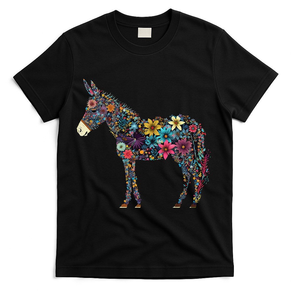 Cute Flower Donkey On Summer Floral Donkey T-Shirt - Black