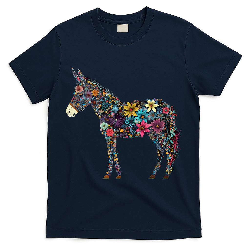 Cute Flower Donkey On Summer Floral Donkey T-Shirt - Navy