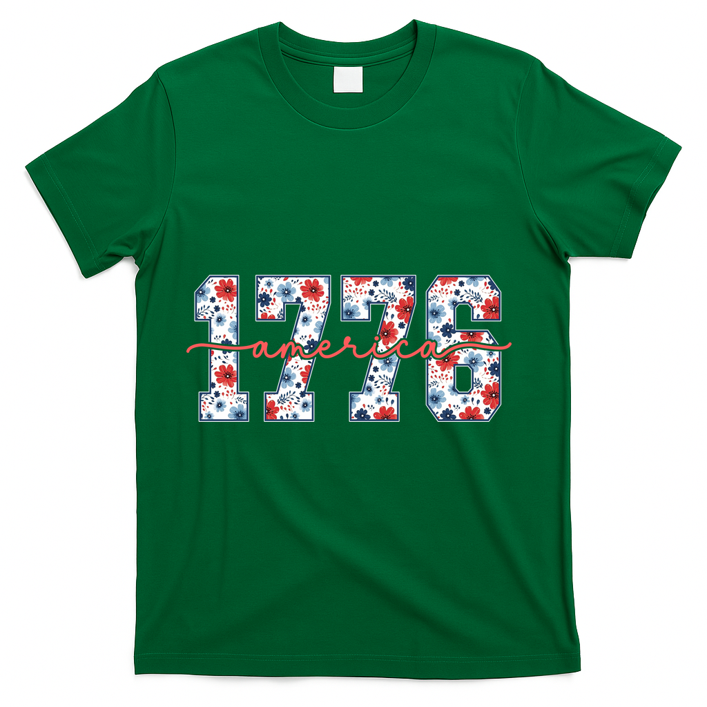 Cute Floral Flower Varsity Style 1776 America USA  T-Shirt - Green