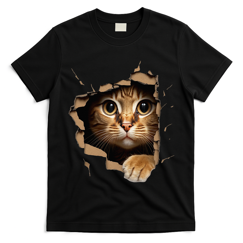 Cute kitten looks from torn fabric - Cats  T-Shirt