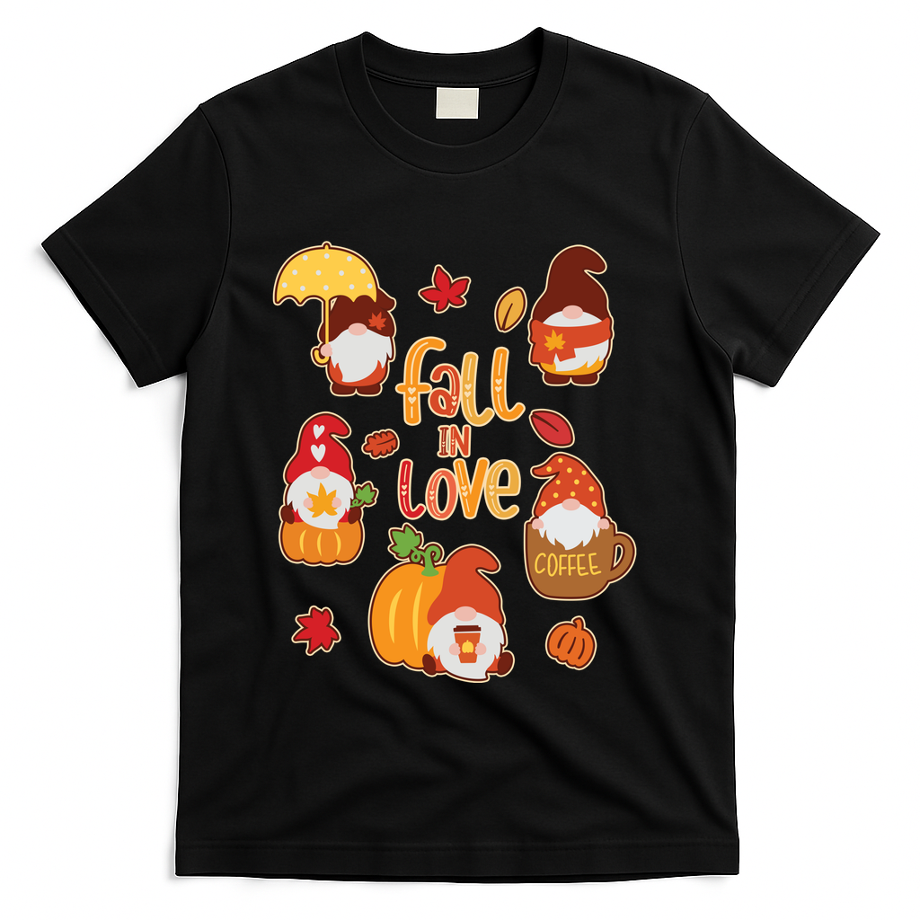 Cute Fall In Love Autumn Gnomes T-Shirt - Black