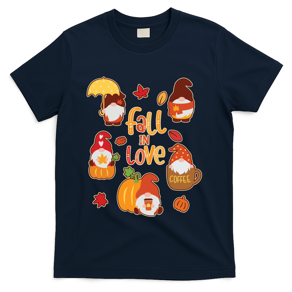 Cute Fall In Love Autumn Gnomes T-Shirt - Navy