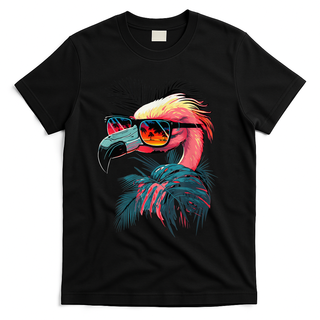 Cute Flamingo in Sunglasses Retro Vintage Funny Beach Summer T-Shirt - Black