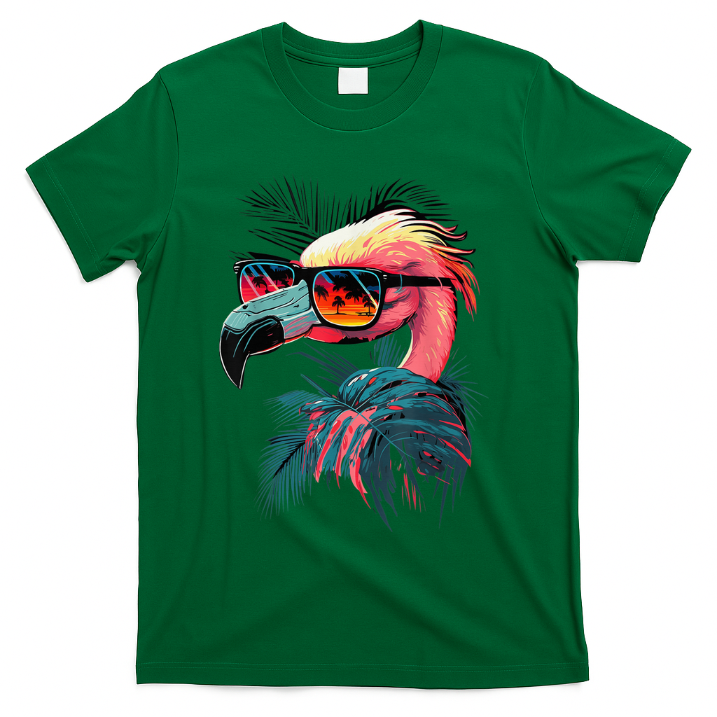 Cute Flamingo in Sunglasses Retro Vintage Funny Beach Summer T-Shirt - Green