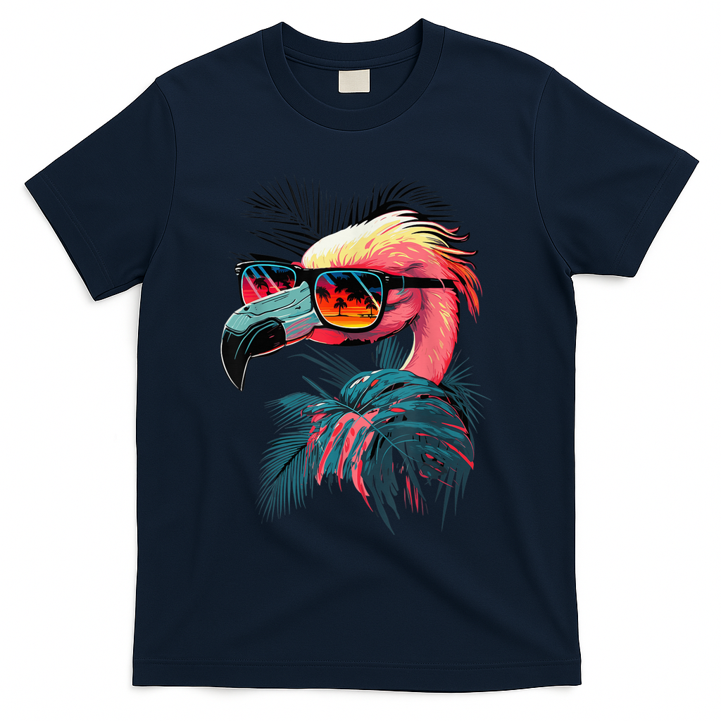 Cute Flamingo in Sunglasses Retro Vintage Funny Beach Summer T-Shirt - Navy