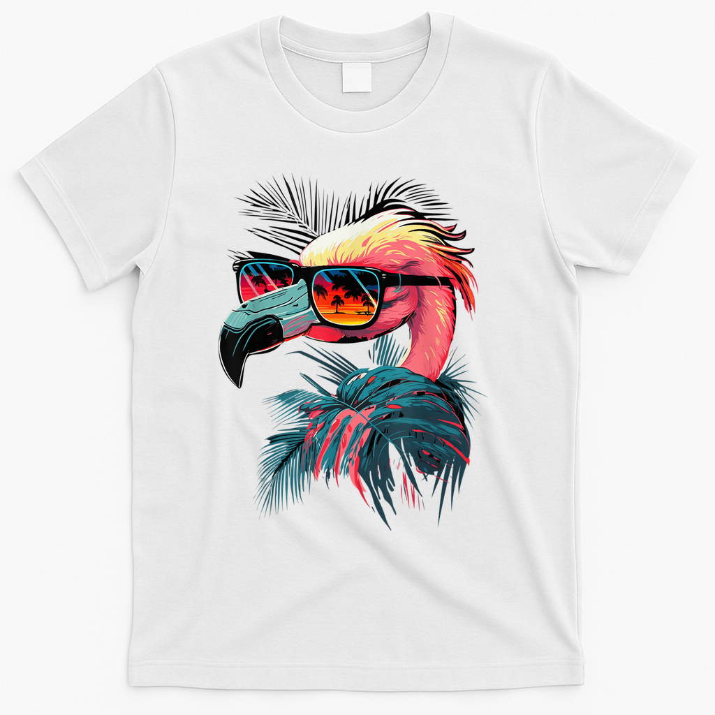 Cute Flamingo in Sunglasses Retro Vintage Funny Beach Summer T-Shirt - White