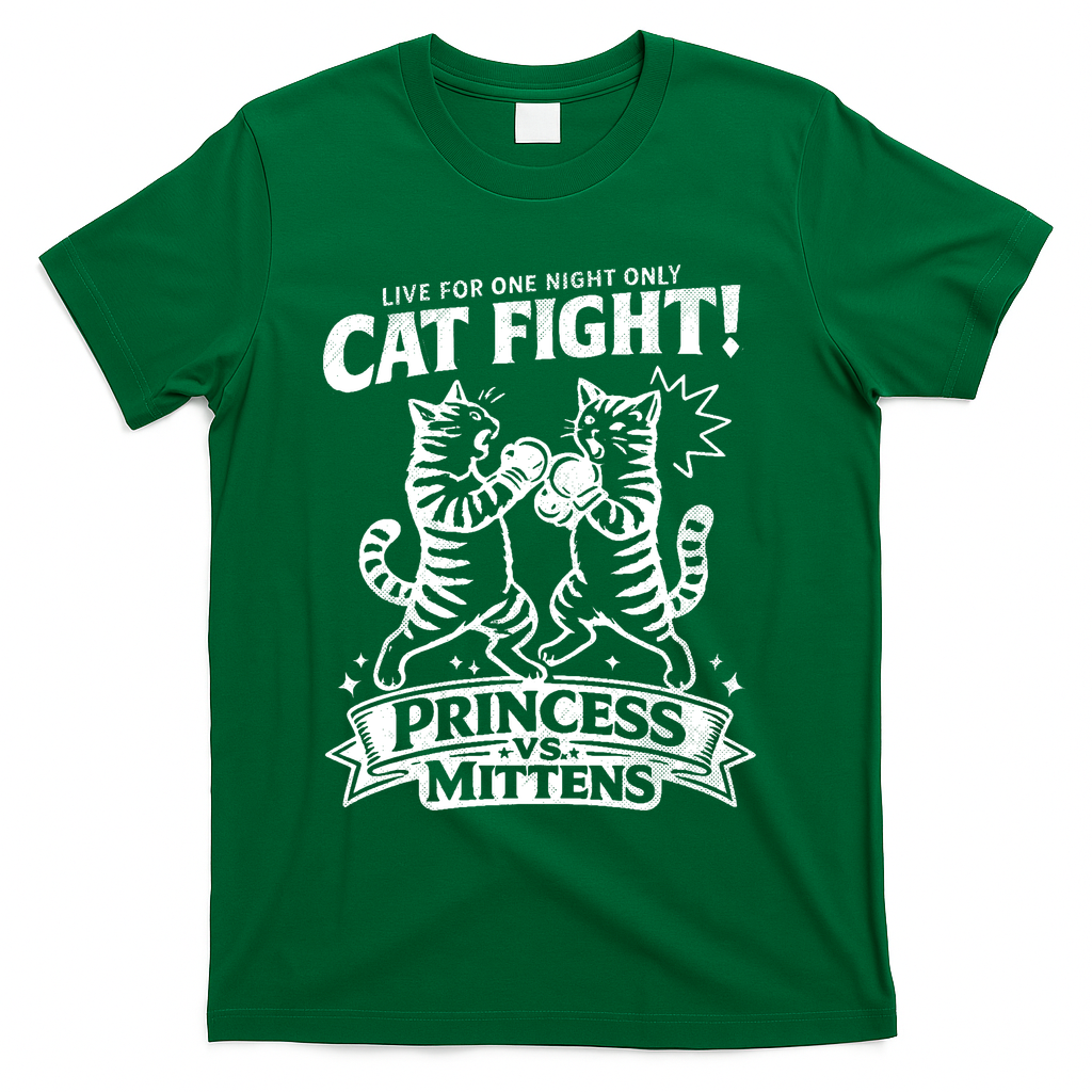 Cat Fight Princess Vs Mittens T-Shirt - Green