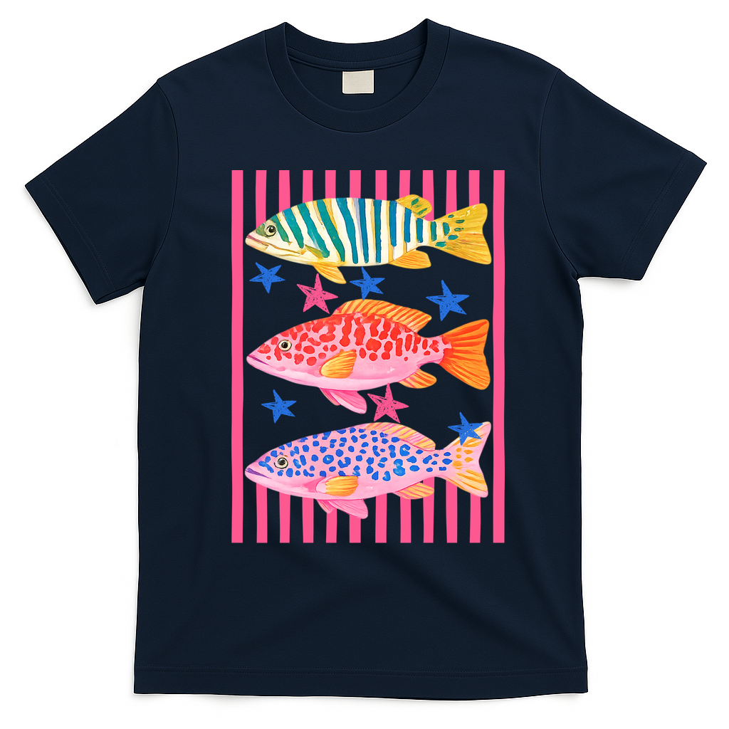Colors Fish Retro Striped Summer Beach Life Vacation T-Shirt - Navy Blue
