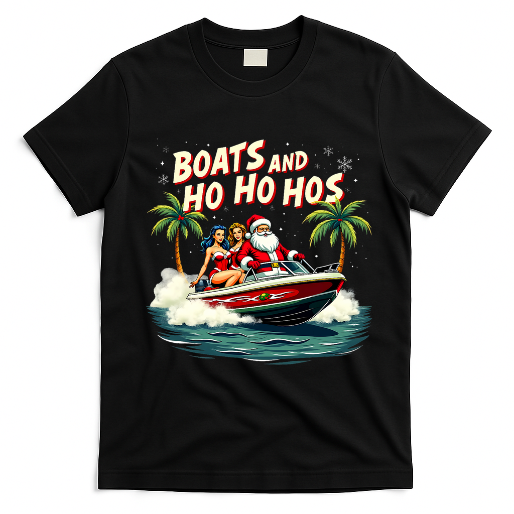 Christmas Funny Santa Boats And Ho Ho Hos T-Shirt - Black