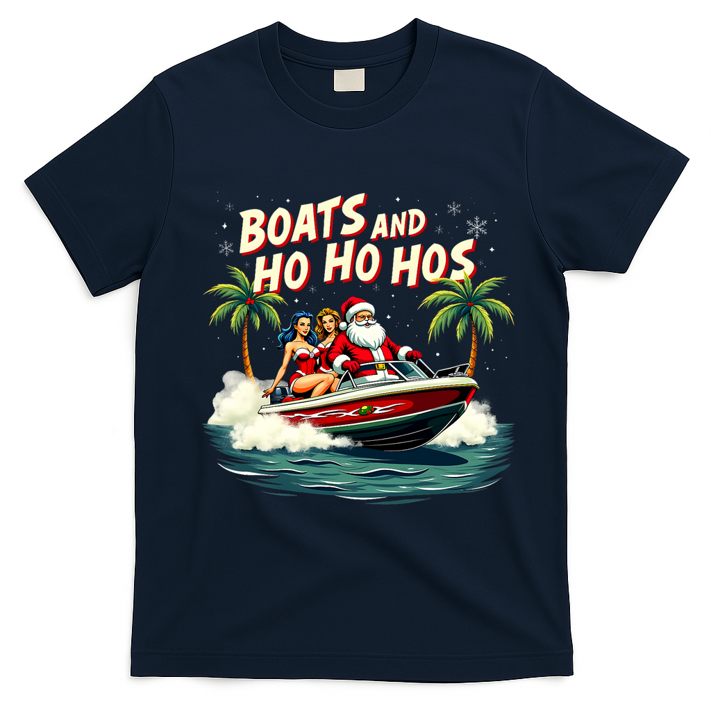 Christmas Funny Santa Boats And Ho Ho Hos T-Shirt - Navy Blue