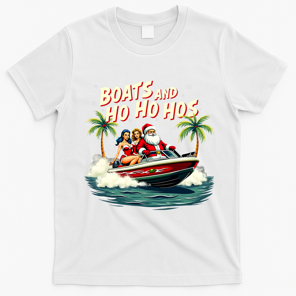 Christmas Funny Santa Boats And Ho Ho Hos T-Shirt - White