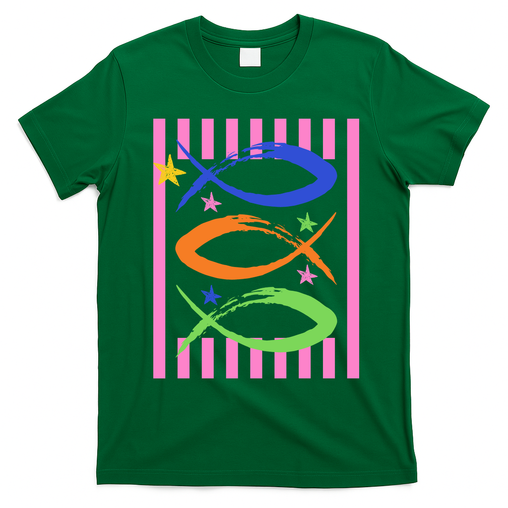 Christian Fish Symbol Striped Retro T-Shirt - Irish Green