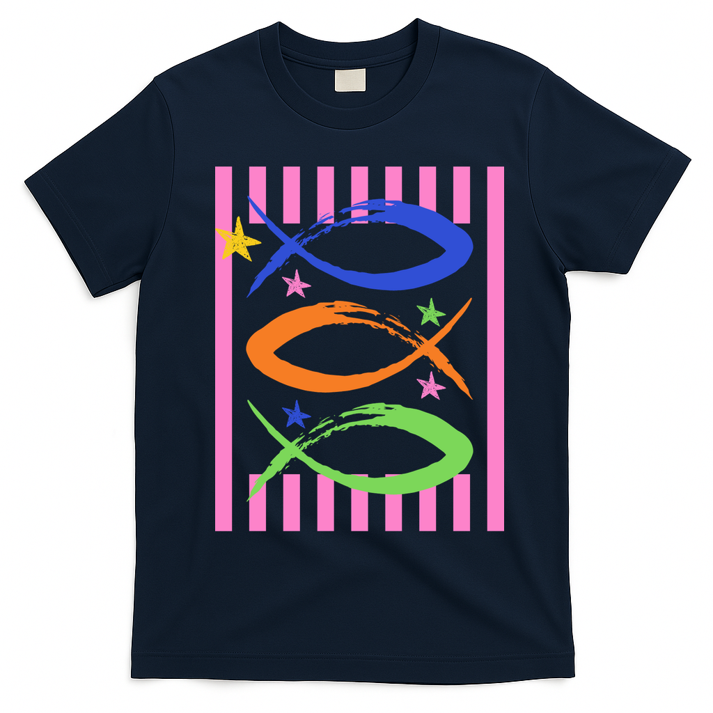 Christian Fish Symbol Striped Retro T-Shirt - Navy Blue