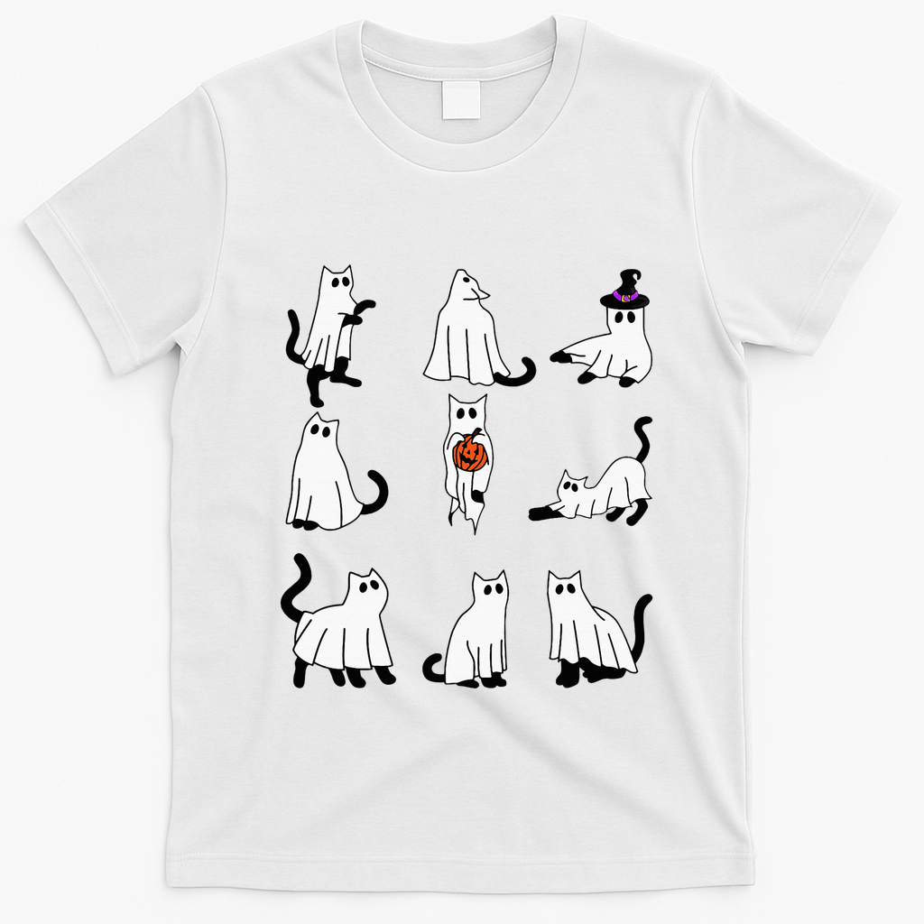 Cute Ghost Cat Funny Halloween Outfit Costumes Black Cat T-Shirt - White