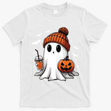 Cute Ghost Drinking Coffee Halloween Ghost Ice Coffee Women Long Sleeve T-Shirt - White