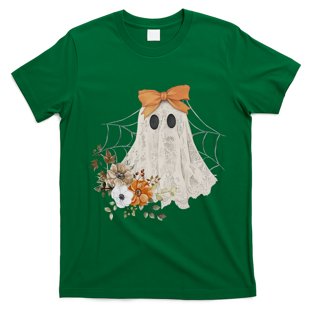 Coquette Ghost Halloween Flower Ghost Spooky Lace Ghost T-Shirt - Irish Green
