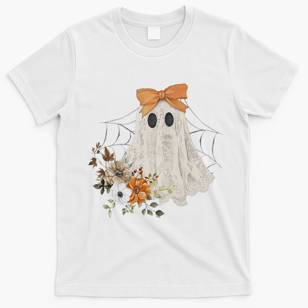 Coquette Ghost Halloween Flower Ghost Spooky Lace Ghost T-Shirt - White