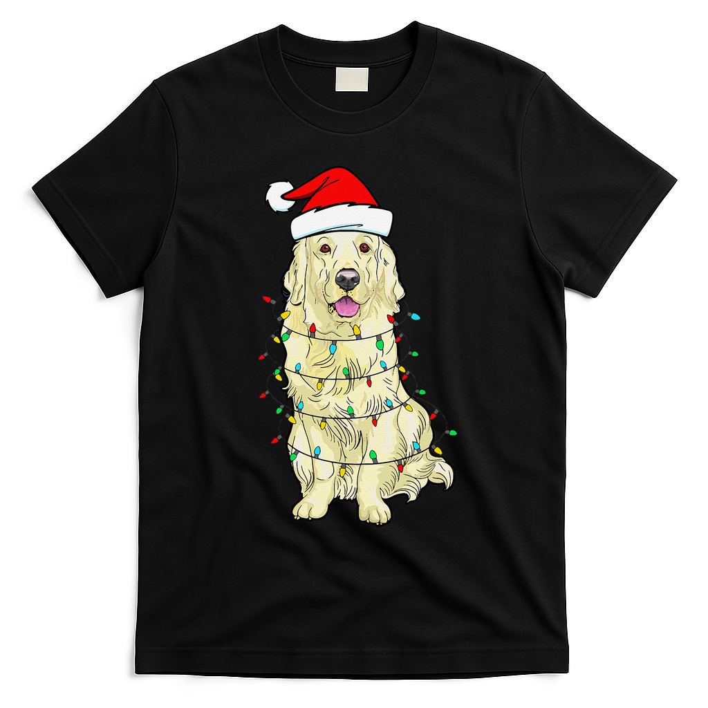 Cream Golden Retriever Dog Merry Xmas Christmas Lights T-Shirt - Black