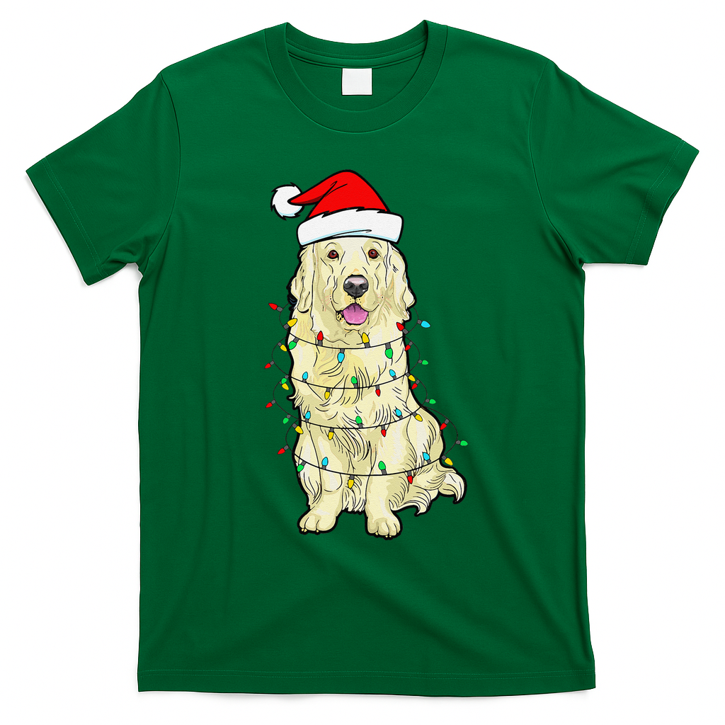 Cream Golden Retriever Dog Merry Xmas Christmas Lights T-Shirt - Irish Green