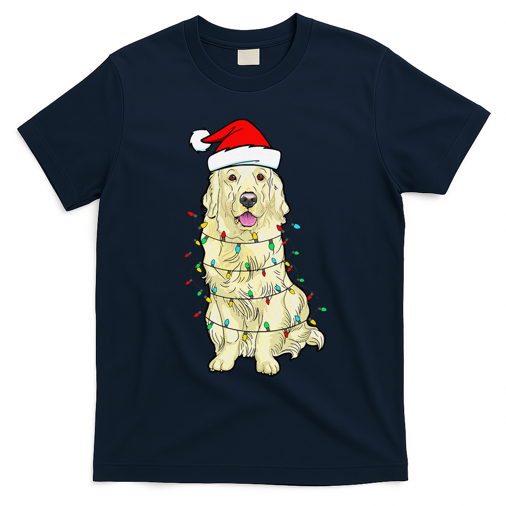 Cream Golden Retriever Dog Merry Xmas Christmas Lights T-Shirt - Navy Blue