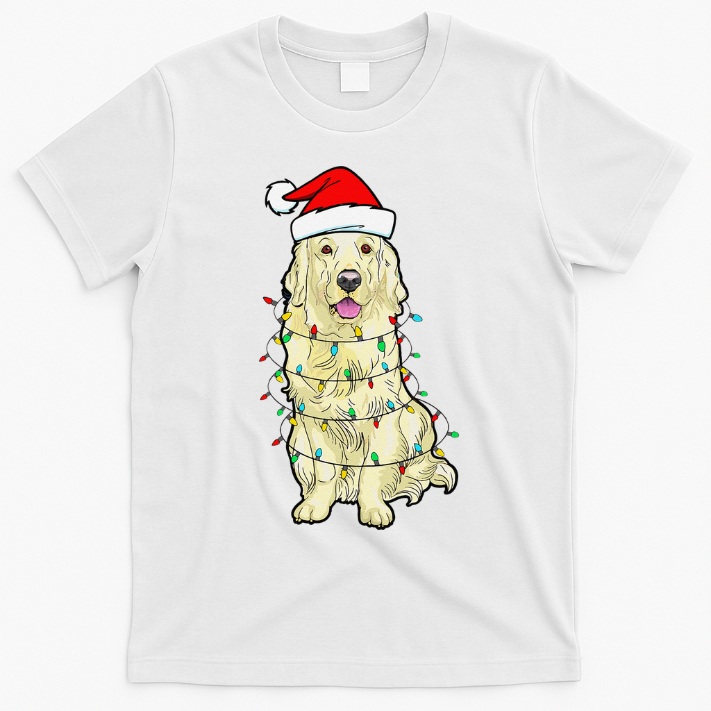 Cream Golden Retriever Dog Merry Xmas Christmas Lights T-Shirt - White