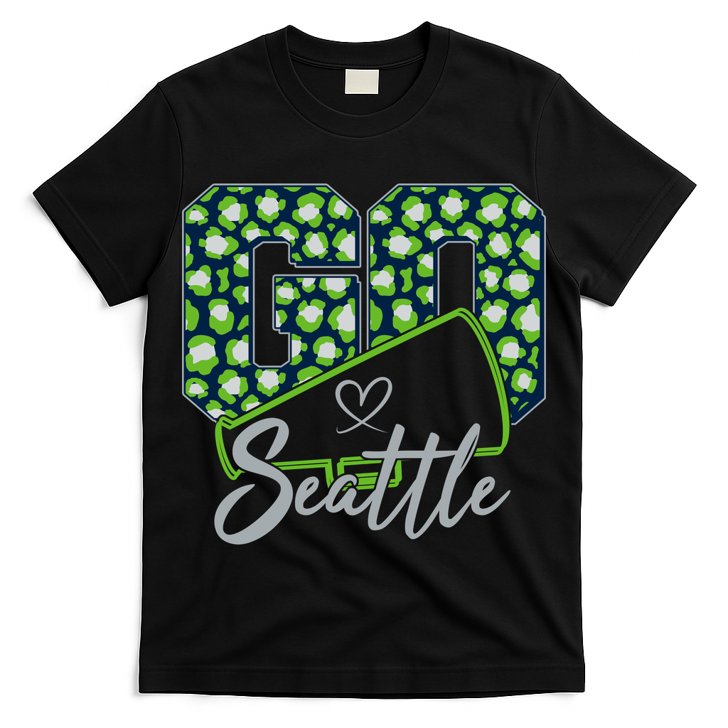 Cute Go Seattle Leopard Print Cheer Megaphone Football Fan T-Shirt