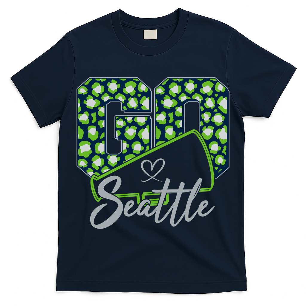 Cute Go Seattle Leopard Print Cheer Megaphone Football Fan T-Shirt