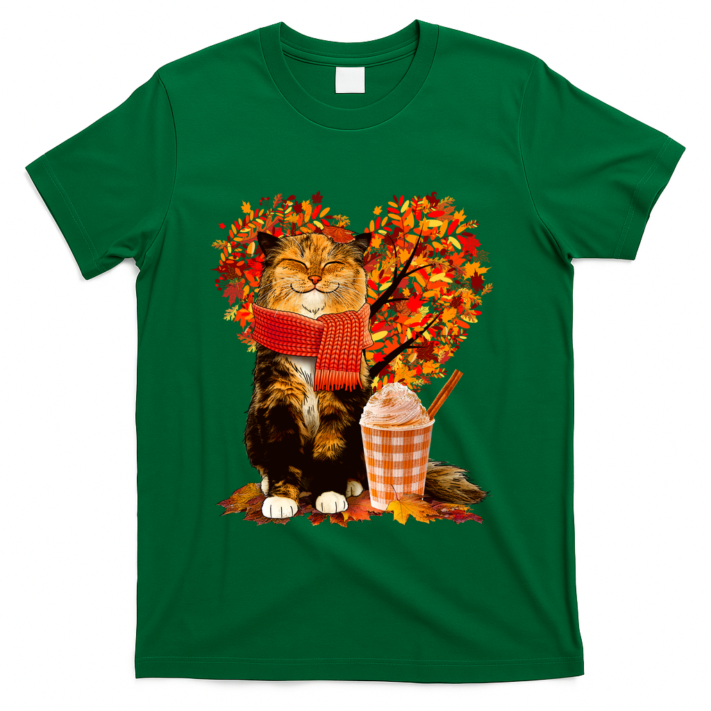 Cute Happy Autumn Cat With Pumpkin Spice Drink Fall Lover T-Shirt - Green