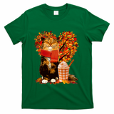 Cute Happy Autumn Cat With Pumpkin Spice Drink Fall Lover T-Shirt - Green