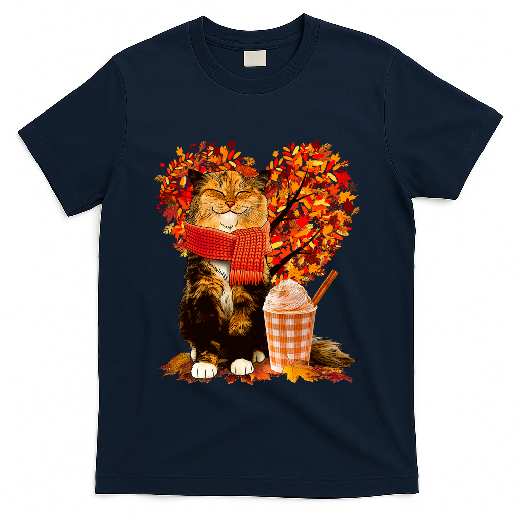 Cute Happy Autumn Cat With Pumpkin Spice Drink Fall Lover T-Shirt - Navy