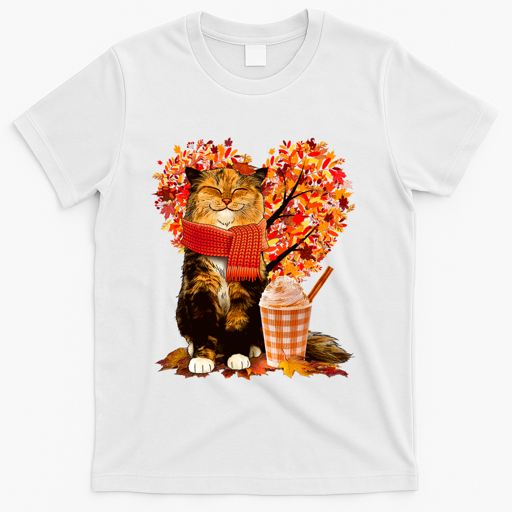 Cute Happy Autumn Cat With Pumpkin Spice Drink Fall Lover T-Shirt - White