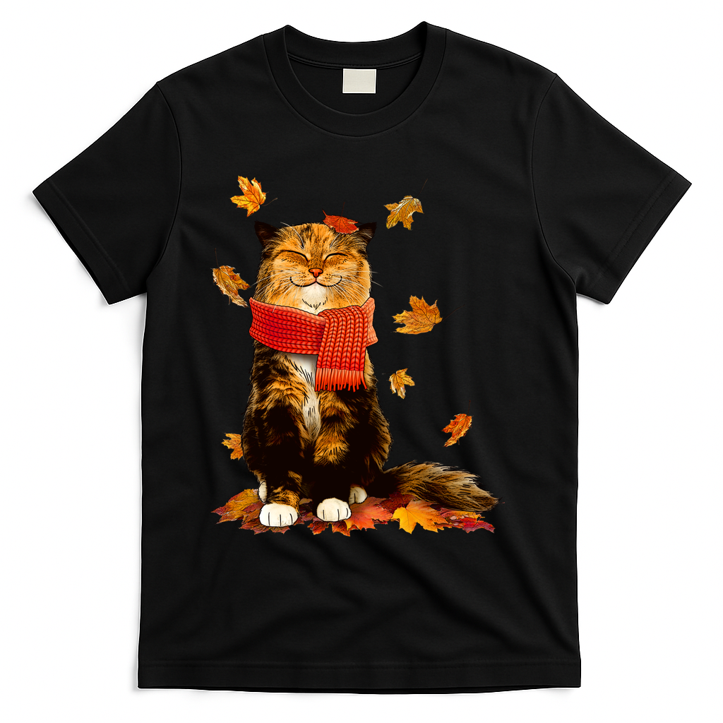 Cute Happy Autumn Cat Fall Season Lover T-Shirt - Black