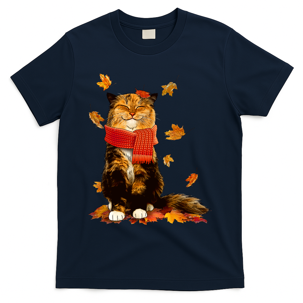 Cute Happy Autumn Cat Fall Season Lover T-Shirt - Navy