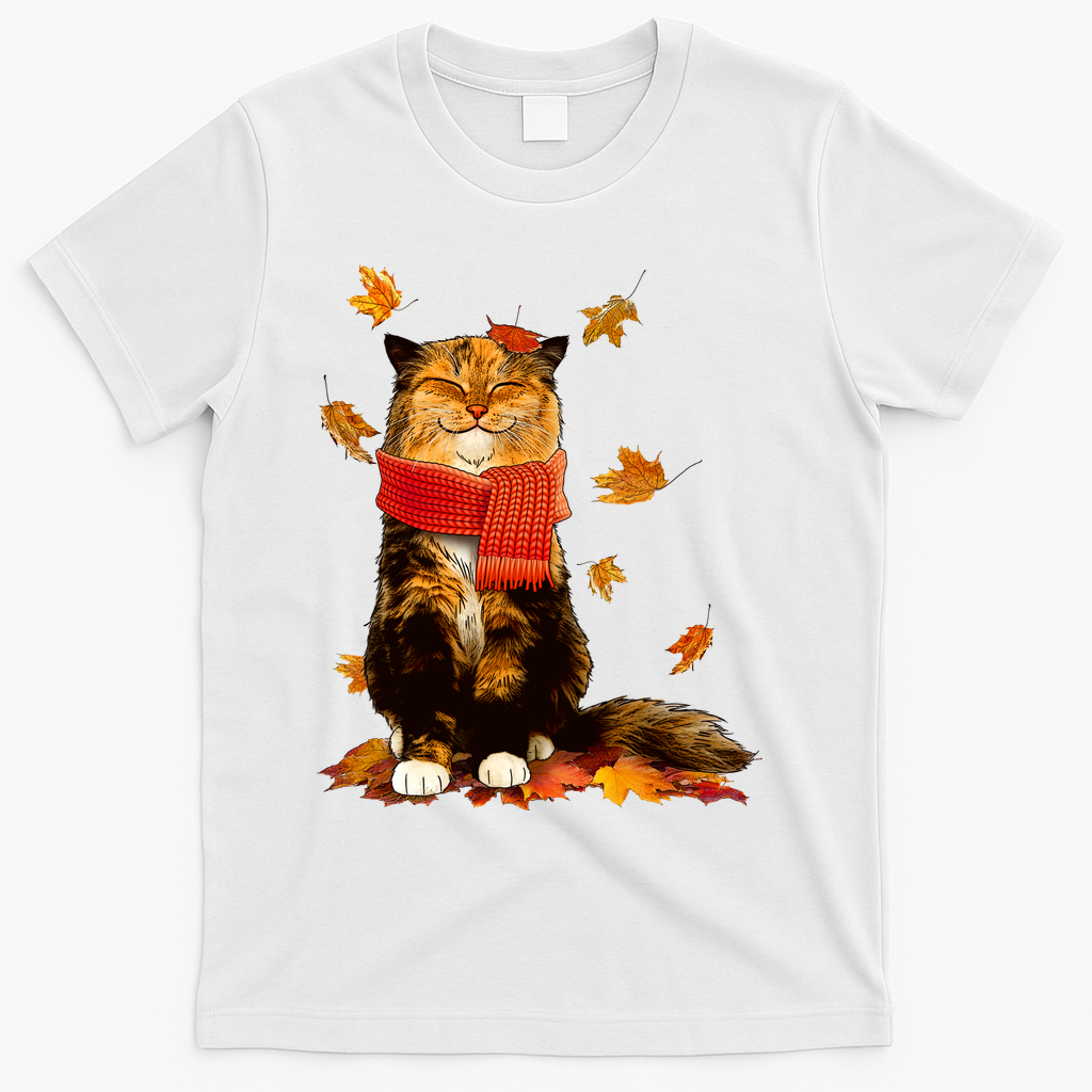 Cute Happy Autumn Cat Fall Season Lover T-Shirt - White