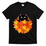Cute Happy Black Cat Fall Autumn Leaves T-Shirt - Black
