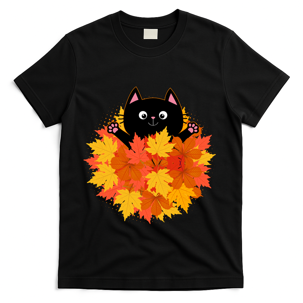 Cute Happy Black Cat Fall Autumn Leaves T-Shirt - Black