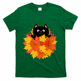 Cute Happy Black Cat Fall Autumn Leaves T-Shirt - Green