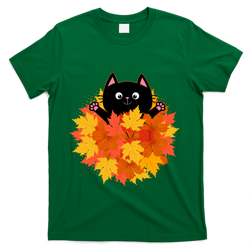 Cute Happy Black Cat Fall Autumn Leaves T-Shirt - Green