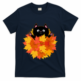 Cute Happy Black Cat Fall Autumn Leaves T-Shirt - Navy