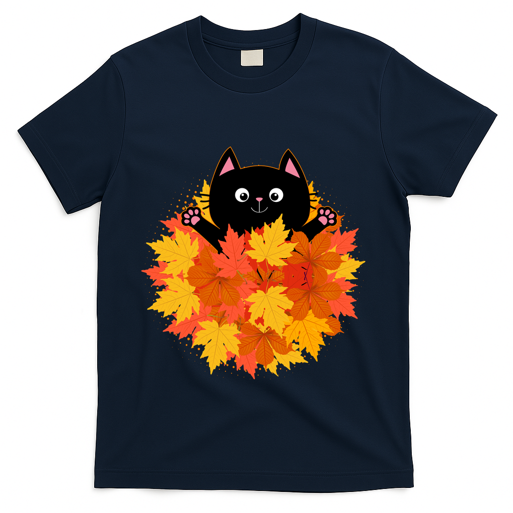 Cute Happy Black Cat Fall Autumn Leaves T-Shirt - Navy