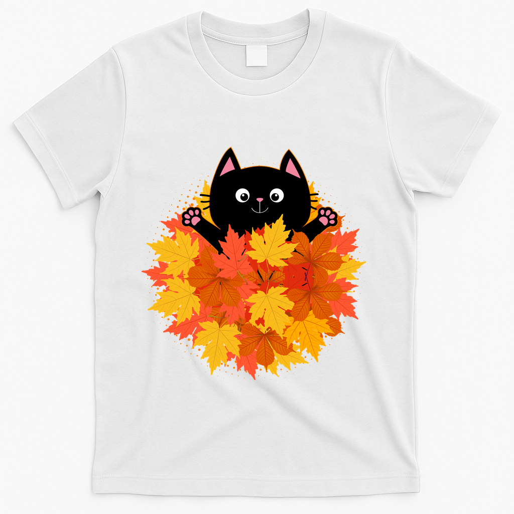 Cute Happy Black Cat Fall Autumn Leaves T-Shirt - White