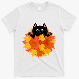 Cute Happy Black Cat Fall Autumn Leaves T-Shirt - White