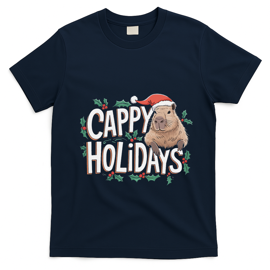 Cappy Holidays Capybara Christmas T-Shirt - Navy Blue
