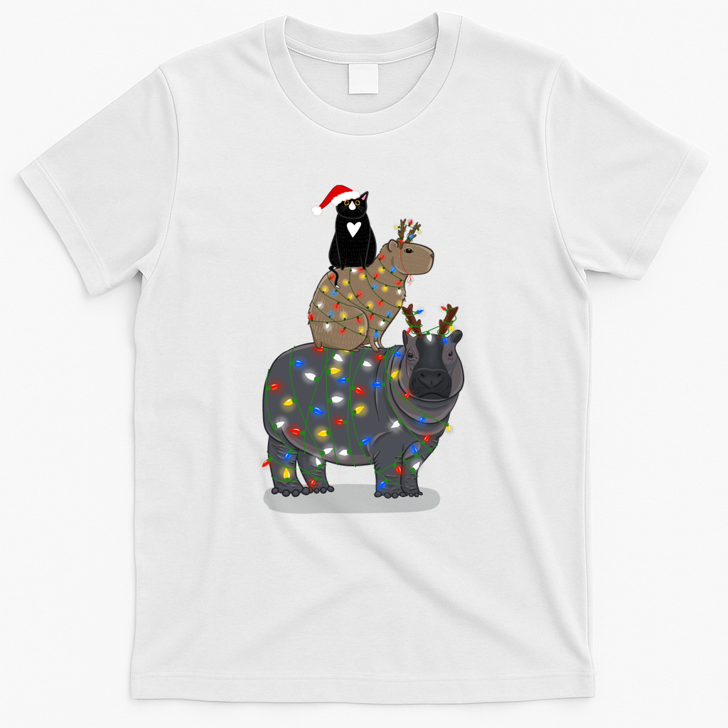 Christmas Hippo, Capybara, and Cat Stack - White