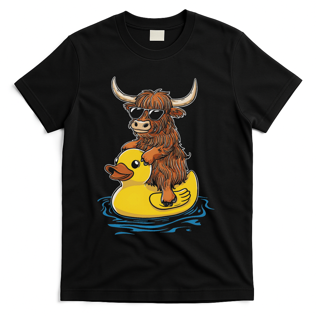 Cute Highland Cow Duck Pool Float Summer Vibes Swimming T-Shirt - Black