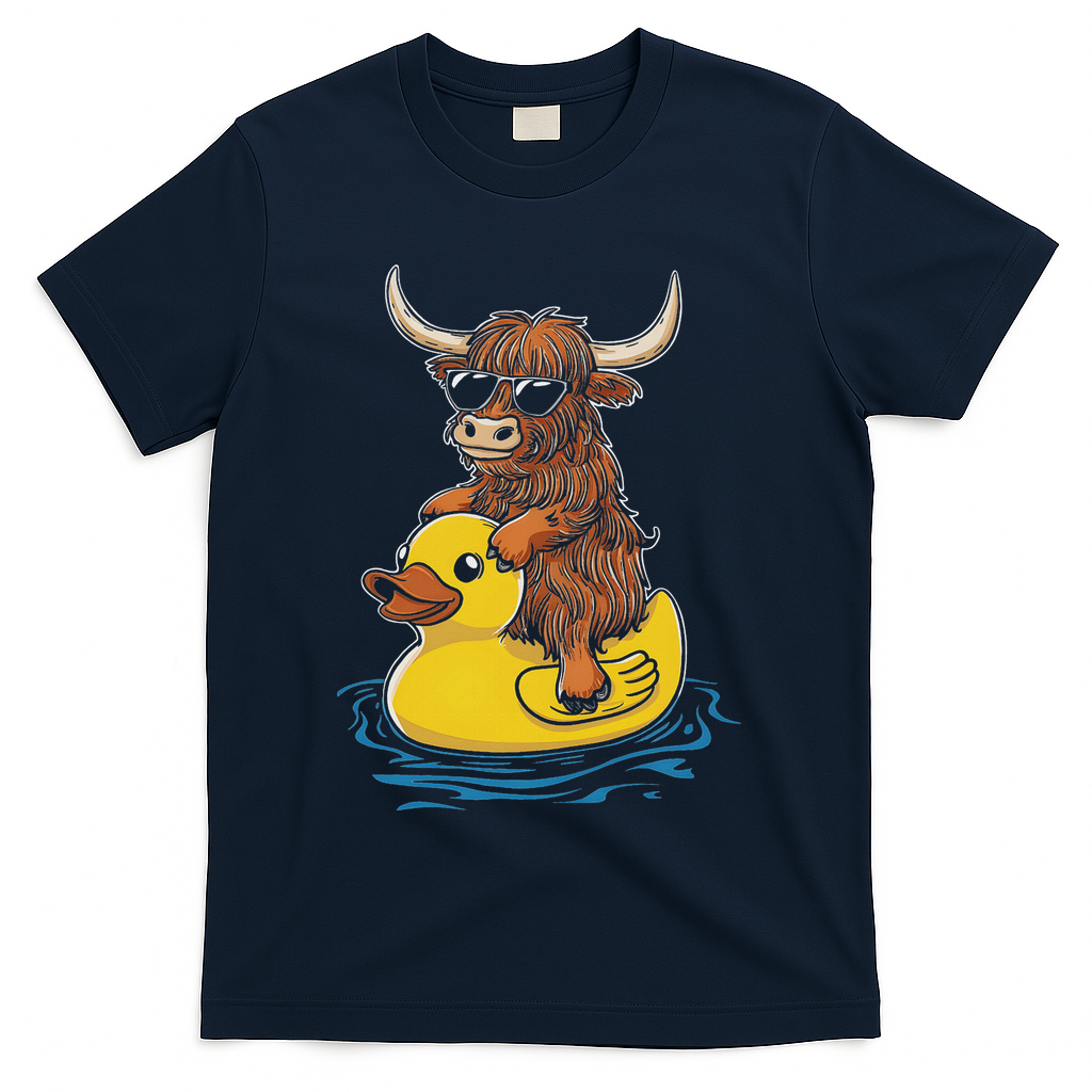 Cute Highland Cow Duck Pool Float Summer Vibes Swimming T-Shirt - Navy