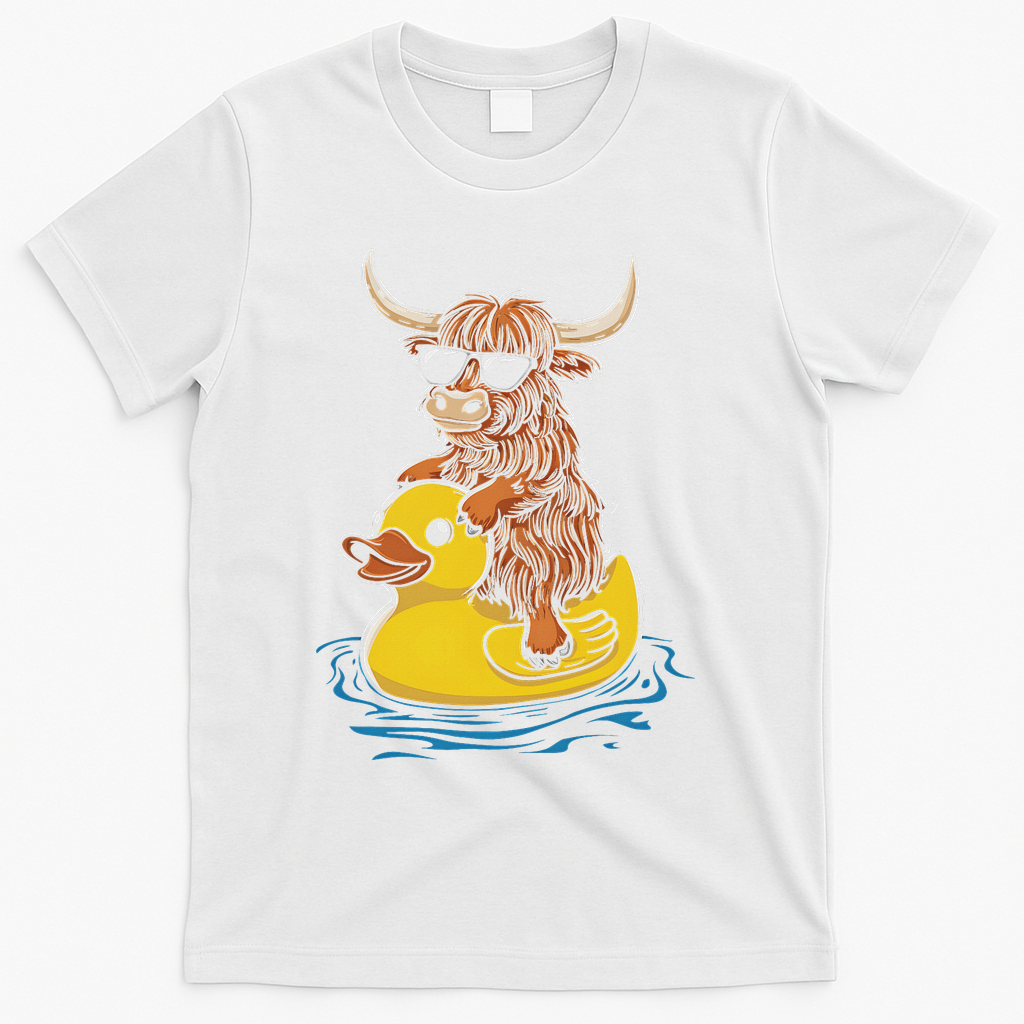 Cute Highland Cow Duck Pool Float Summer Vibes Swimming T-Shirt - White